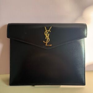 Yves Saint Laurent Black Leather Envelope Clutch Gold Logo